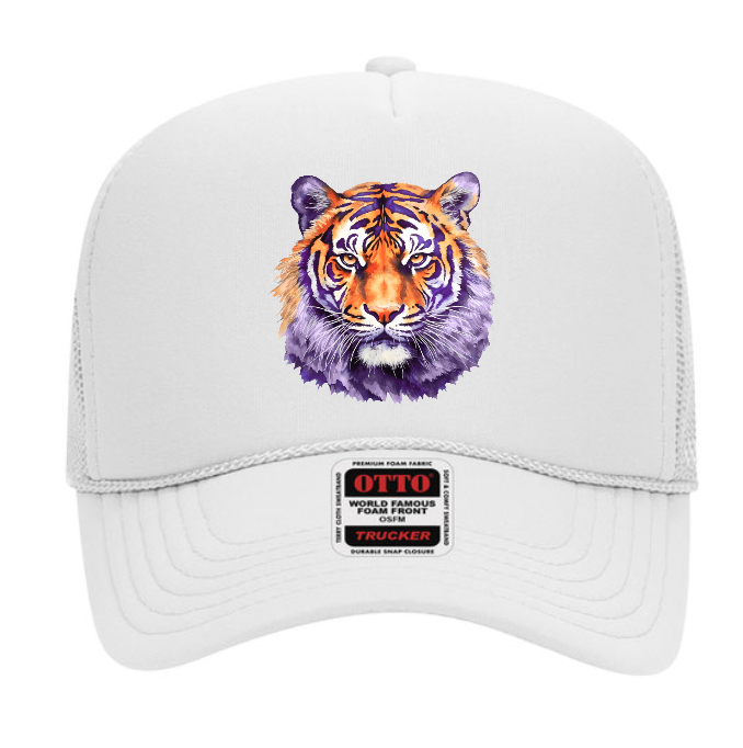 Women's White Trucker Hat with Watercolor Tiger