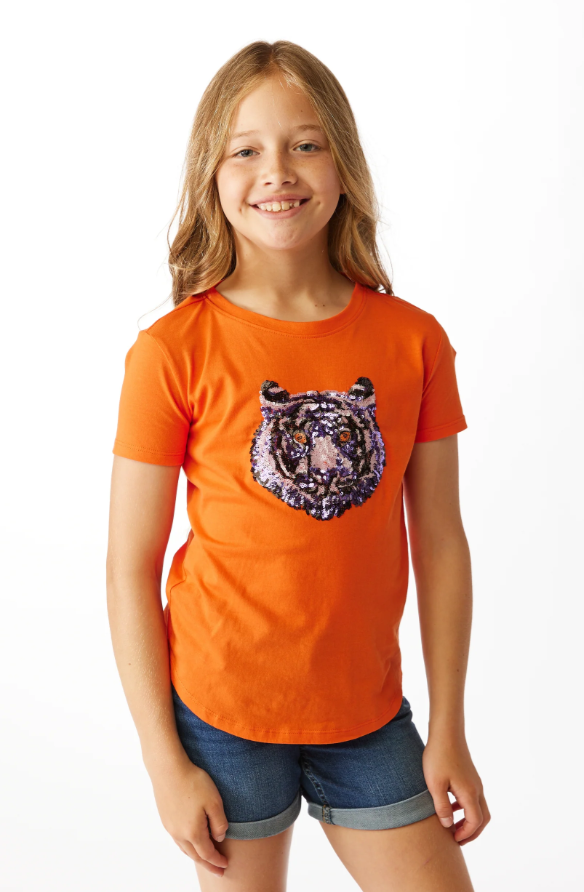 Sequin Shirt in Orange with Tiger Face