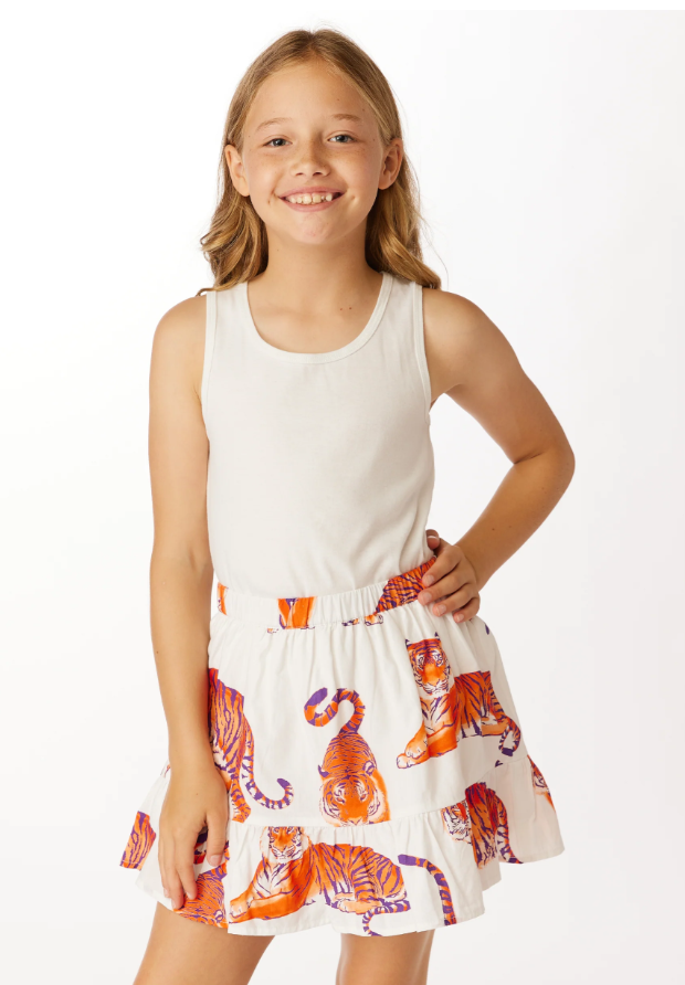 Poplin Skirt in White with Orange Tiger