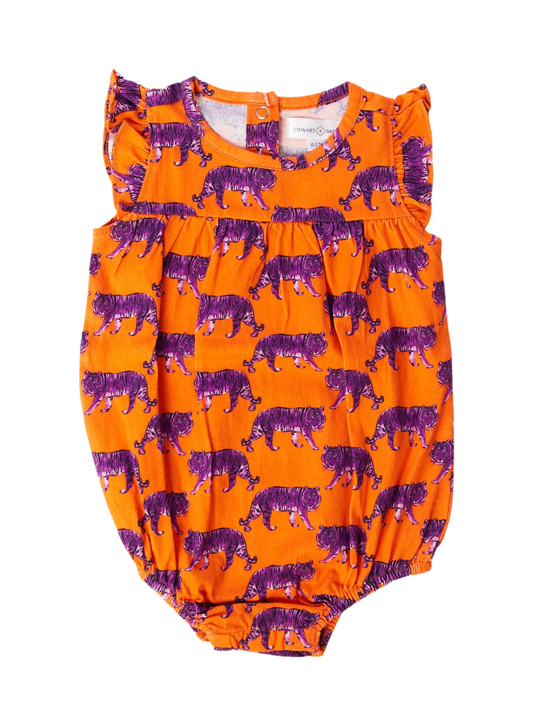 Clemson Girl's Flutter Sleeve Romper in Orange with Purple Tigers