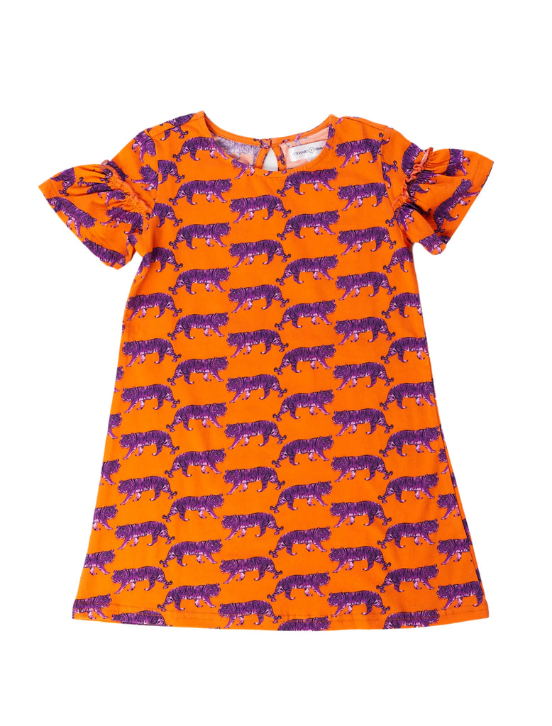 Clemson Girl's Ruffle Sleeve Dress in Orange with Purple Tigers
