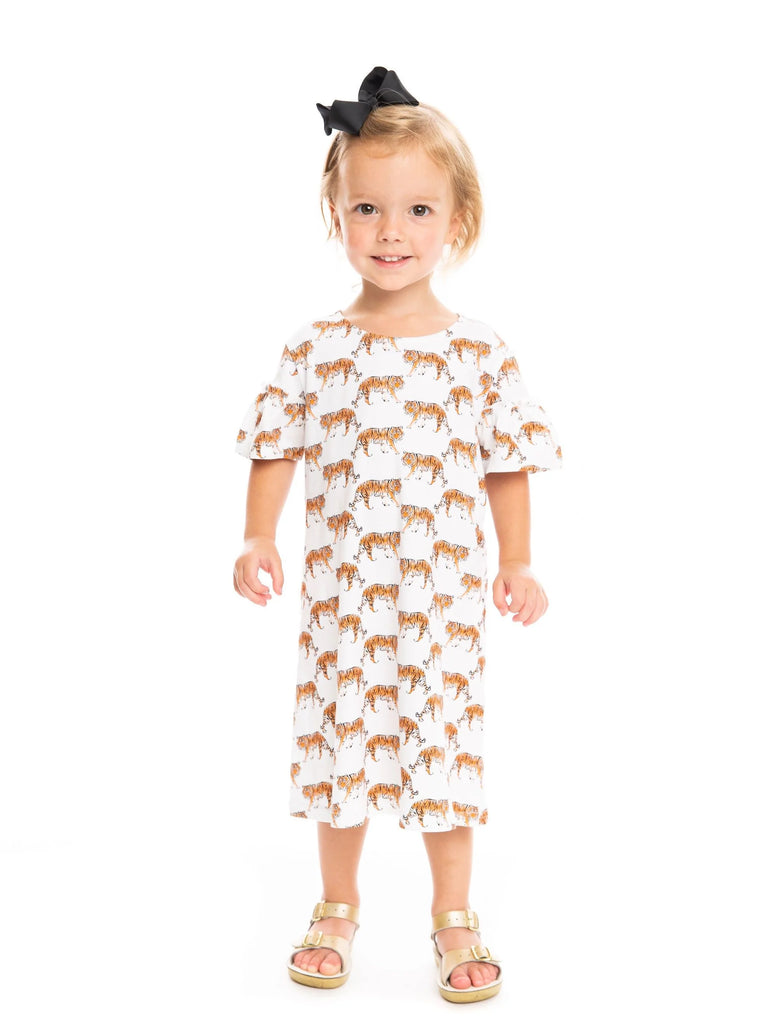 Clemson Girl's Ruffle Sleeve Dress in White with Orange Tigers