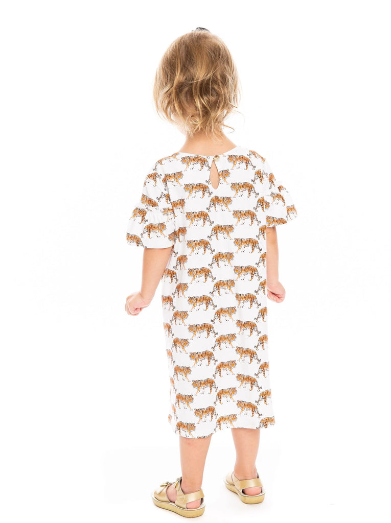 Clemson Girl's Ruffle Sleeve Dress in White with Orange Tigers