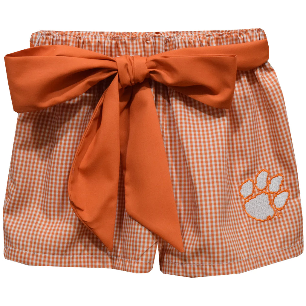 Vive La Fete - Clemson Tigers Embroidered Orange Gingham Girls Short With Sash